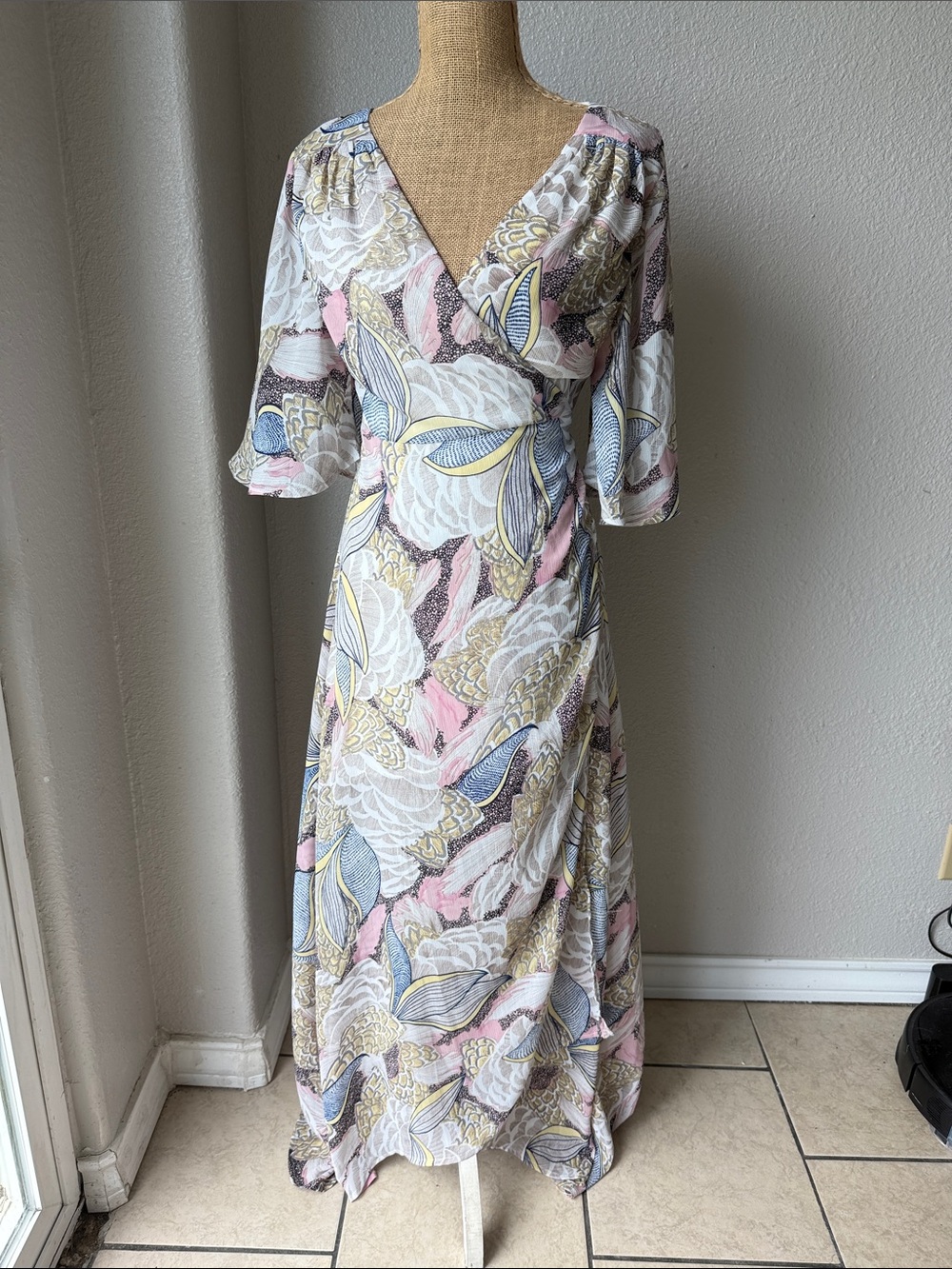 Floral V-Neck Maxi Dress - White, Pink & Blue